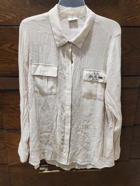 Tan Lightweight Button-Down Blouse With Bejeweled Pocket.